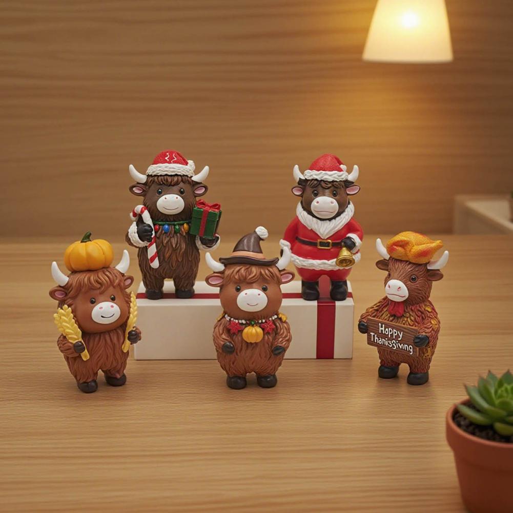 Highland Cow Ornament Home Decor Cow Statue Festive Highland Cattle Sculpture Set for Christmas Thanksgiving Pumpkin for Home