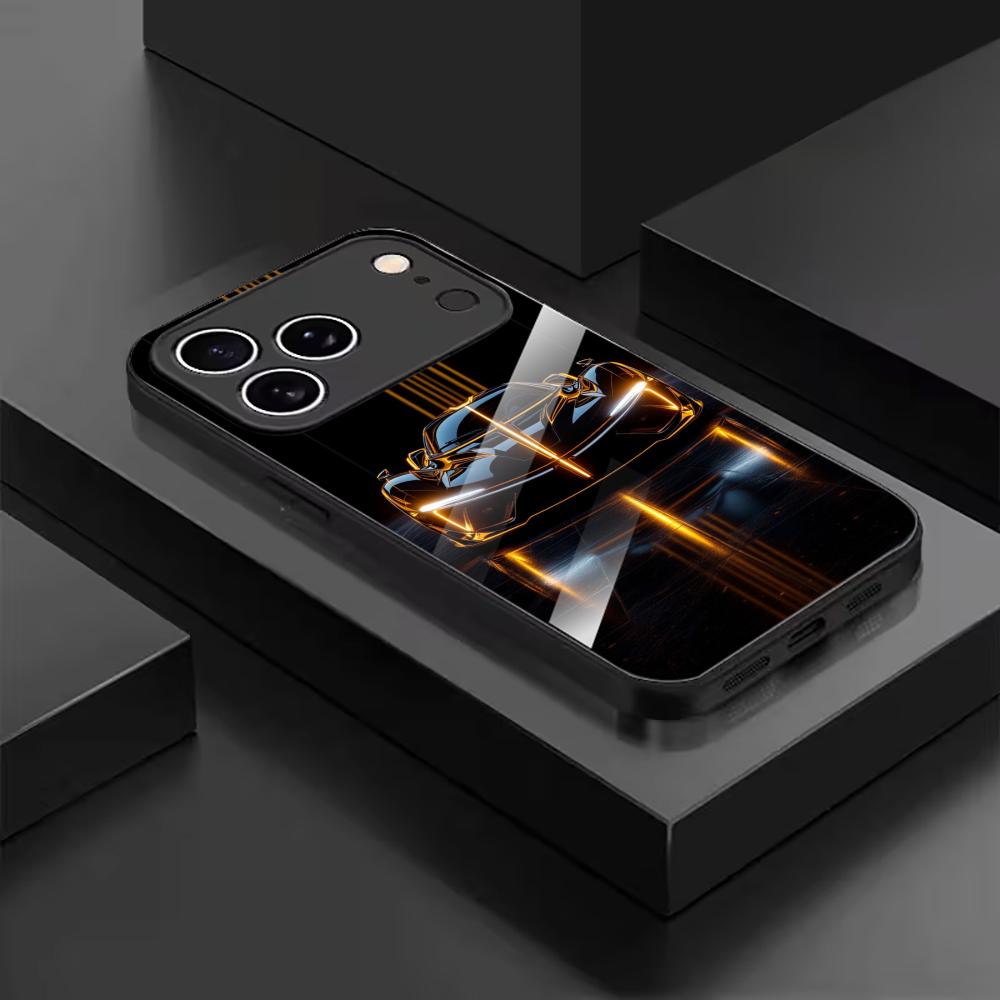 Edgy Neon Sports Car Graphic Glass phone case mobile phones for iphone 17 pro max cover for iPhone 17 16 15 14 13 12 pm Pro Plus
