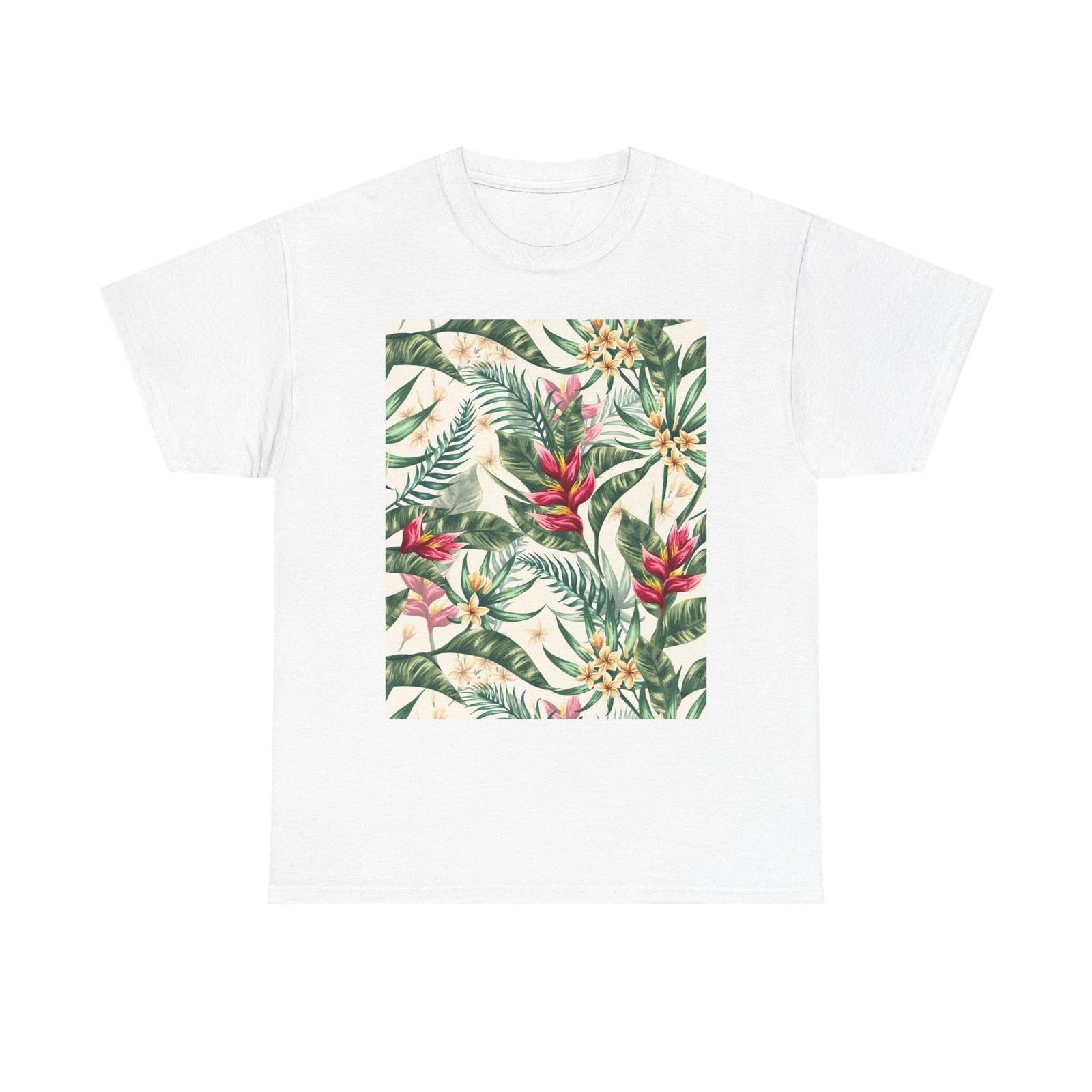 Tropical Floral Pattern T-Shirt | Palm Leaves & Red Heliconia 4XL