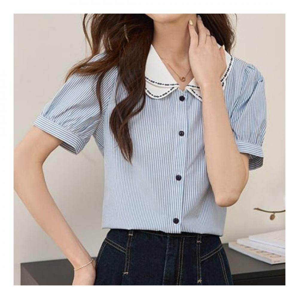 Navava Men Stripe Double Collar Short Sleeve Shirt Nb2154