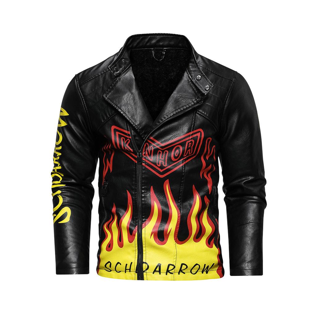 Men's Lapel PU Leather Jacket Large Size Motorcycle Leather Jacket Colorful Flame Print Trendy Jacket
