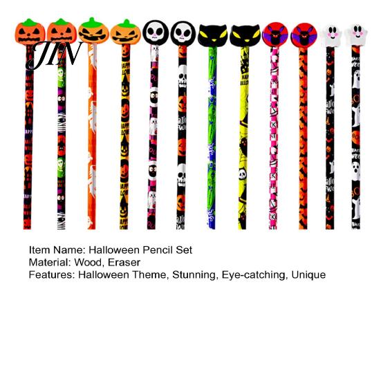 Pumpkin Pencils 12 Pcs Halloween with 3D Skull Ghost Cat Erasers, Smooth Writing Wood Bulk for Goodie Bags, School Classroom Rewards Supplies Seasonal