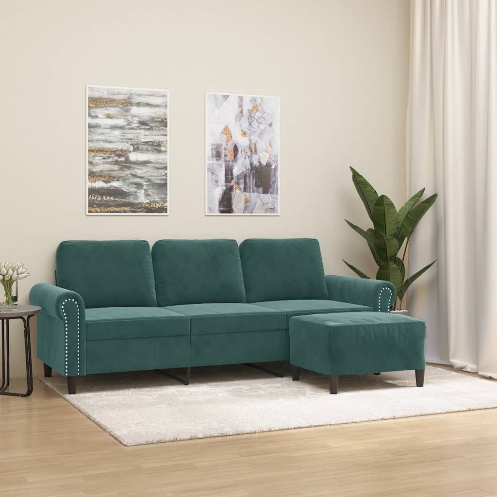 Vidaxl 3-Seater Sofa with Footstool, Dark Green, 180 Cm, Velvet