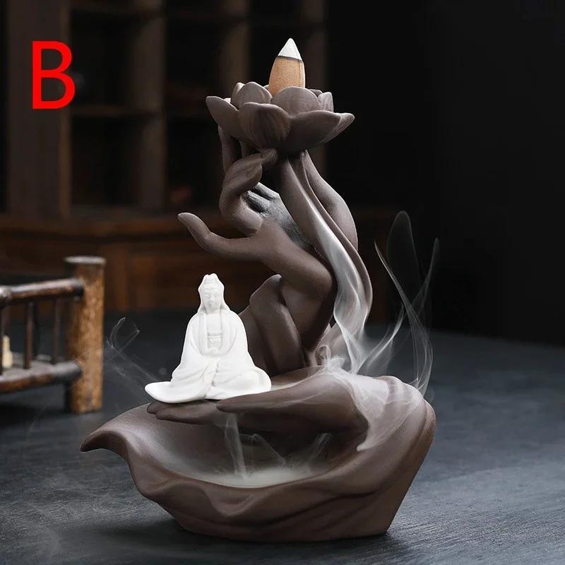 Incense Burner Buddha's Hand Guanyin Lotus Back Incense Burner Ornaments Indoor Incense Burner Purple Sand Antique Sandalwood