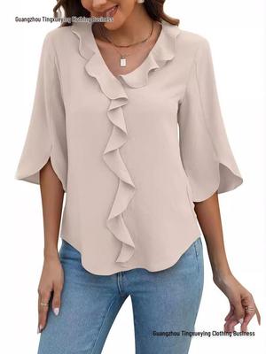 Europese & Amerikaanse Dames Casual V-hals Blouse met Ruches