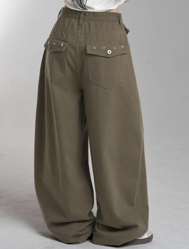Lupeu Studded Back Pocket Cotton Balloon Long Pants Brown