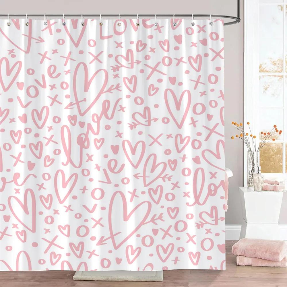 Rosa Herz Duschvorhang Weihnachtsgeschenk Geometrische Linien Schlicht Modern Polyesterstoff Duschvorhänge Badezimmerdeko mit Haken