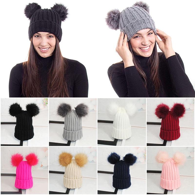 Ladies Women Winter Knitted Beanie Hat With Fluffy Double Fur Bobble Pom Ski Cap