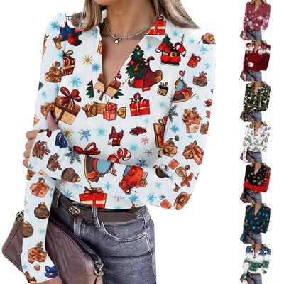 Moda Feminina Casual Estampa de Natal Decote em V Manga Longa Camisa Abotoada