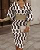 Women's Bohemian Plaid Dress Midi Length Crisscross Neckline Puff Sleeve Elastic Waist Bodycon Dress
