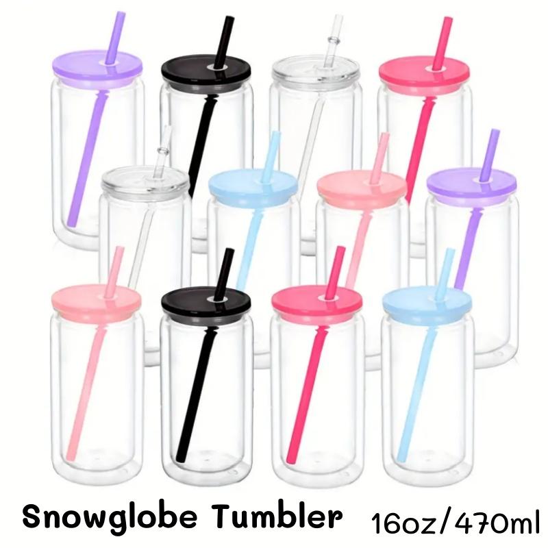 1/1/1PC 16OZ Double Wall Snowglobe Tumbler with Pre-Drilled Hole Reusable Drinks Cups With Straw Break-Resistant Mason Jar Cups
