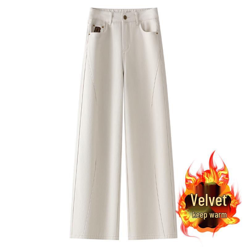

Women s 2024 White Fleece-Lined Wide-Leg Jeans for Autumn/Winter S