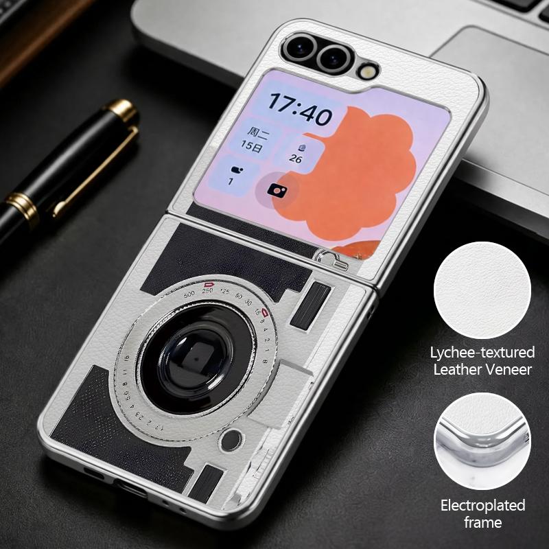 Vintage Camera Pattern Case For Samsung Z Flip 8 7 6 5 Hybrid 3in1 Leather Skin Plating Frame Hard Folding Phone Cover For Galaxy Z Flip8 Flip7 Flip6