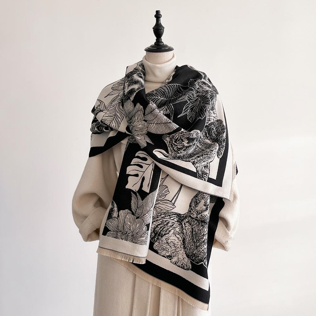 Luxury Animal Print Scarf For Women Warmer Winter Imitation Cashmere Pashmina Scarves Shawls Female Thick Blanket Wraps