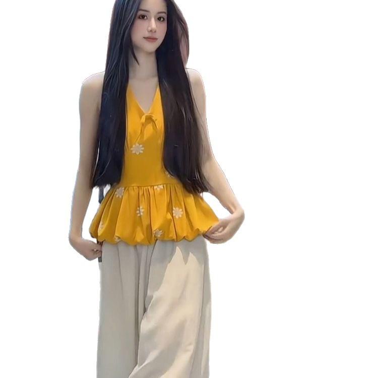 Korean yellow floral neck sling vest women's summer new outer wear Spice Girl backless sleeveless bud top
