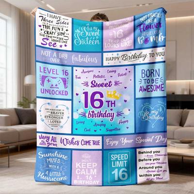 2026 Latest Flannel Blanket Sweet 16 Birthday Gift Cozy Flannel Throw Blanket with Inspirational Quotes, Digital Print, Light Blue & Pink Checkered De