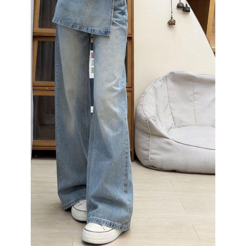 Womens High Waist Wide Leg Jeans Fake Two Piece Denim Pants Street Style Casual Trousers