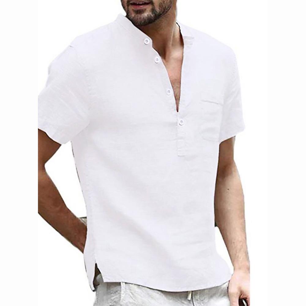 European and American Summer Men's Solid Color Short-Sleeve Stand Collar Casual Shirt for Teens, Large Size