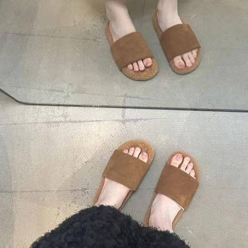 Fashion Cozy Warm Flat Slippers for Indoor House Furry Plush Shoes Women's Cozy Suede Open Toe Slippers Stylish Indoor Wear