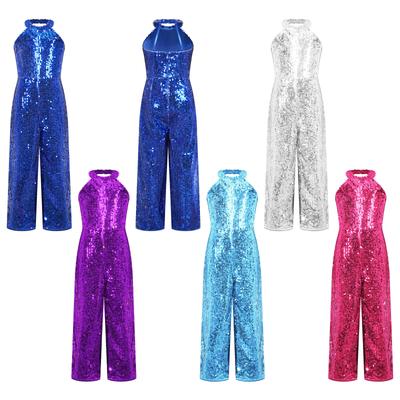 Kids Girls Shiny Sequin Jumpsuit Romper Jazz Ballet Dance Performance Prom Party Playsuit Wide Leg Pants Fancy Dress-up Bodysuit
