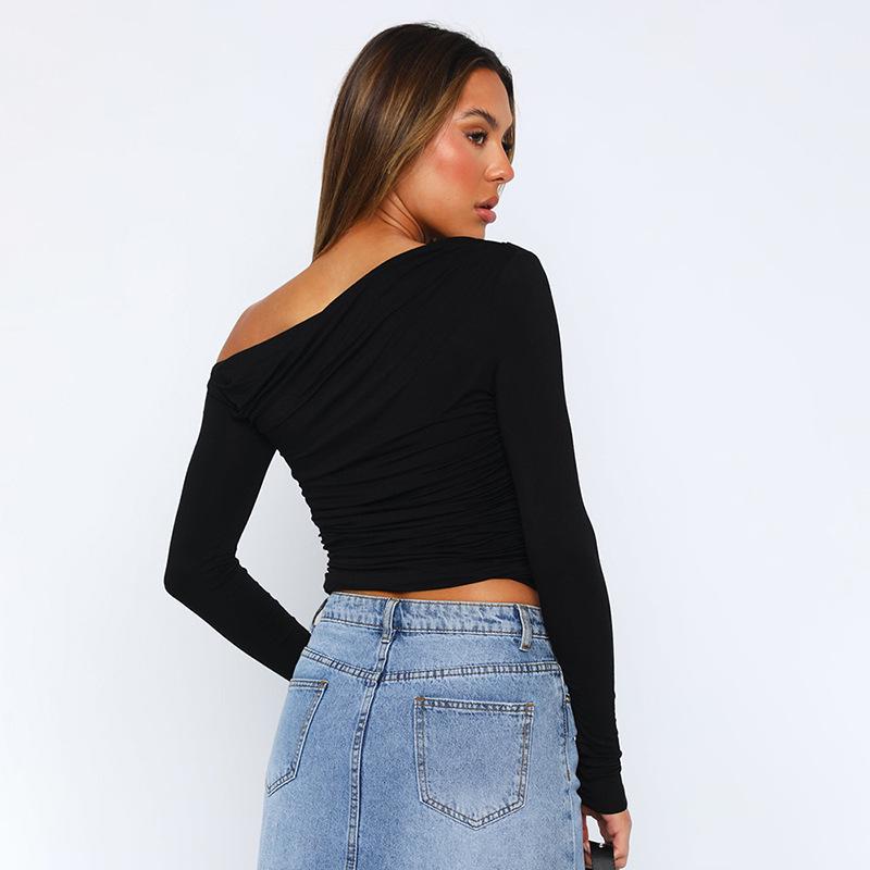 Women's One-Shoulder Ruched Long Sleeve Cropped Top - Autumn Style