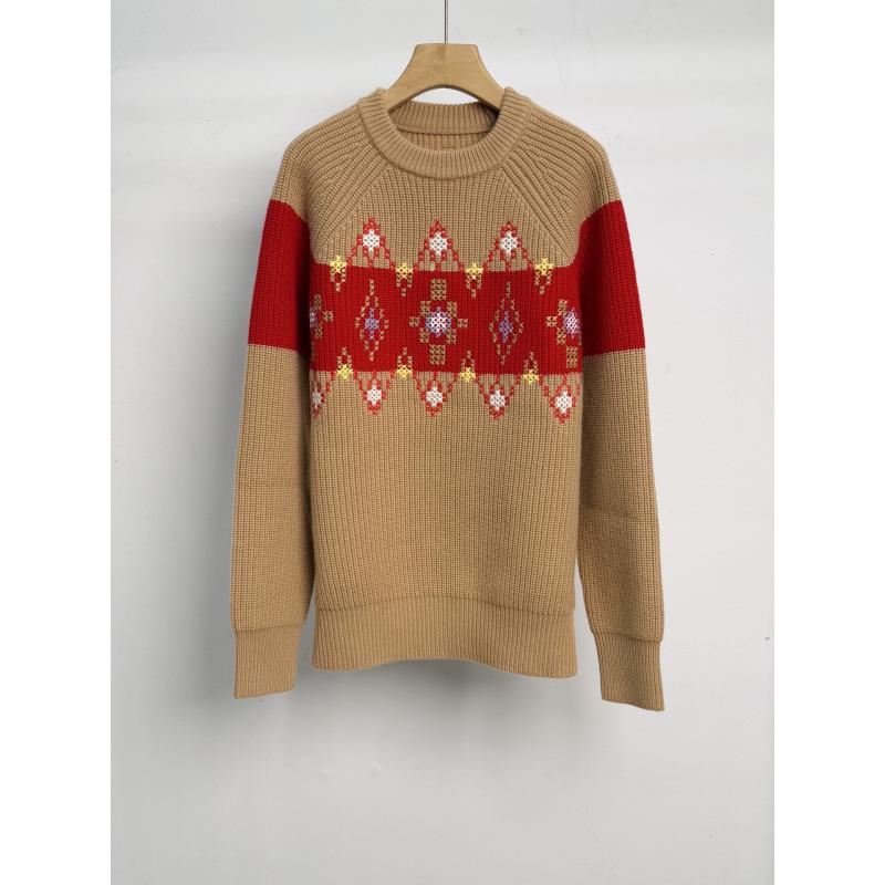 Autumn/Winter 2025 Women's Retro Color Block Pure Wool Jacquard Knit Pullover Sweater