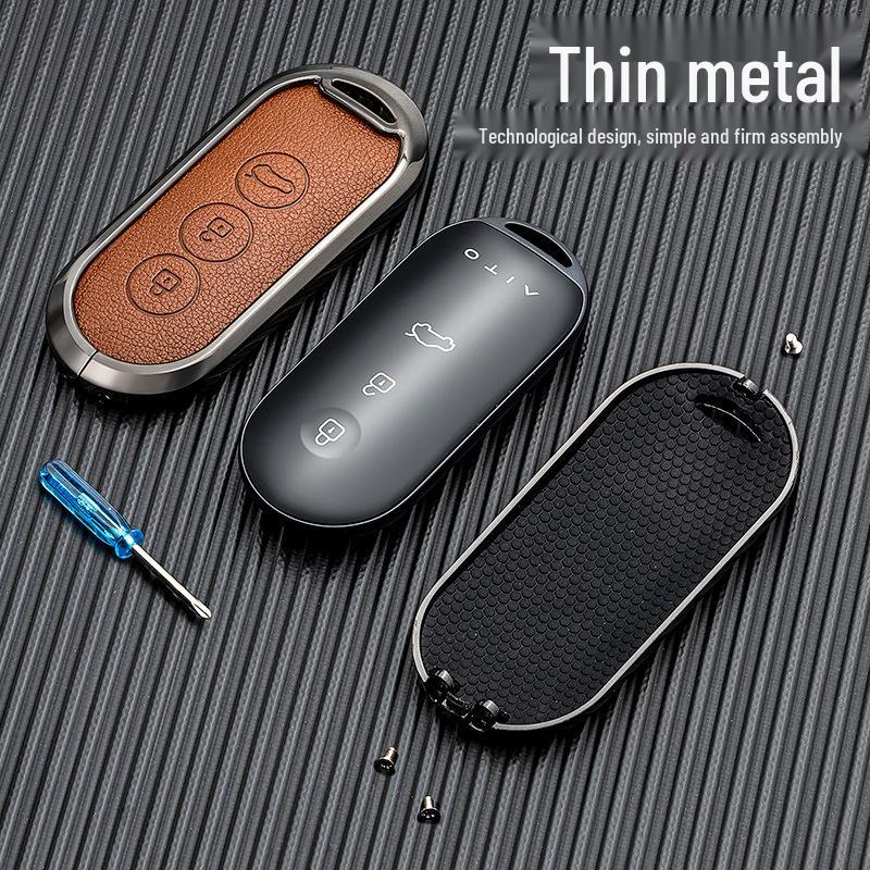 Business Style Double-Sided Leather Key Shell for AITO M7/M5 EV 2022 Model - Full Coverage Metal Car Key Case