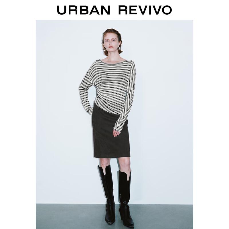 UR Women s 2025 Spring Asymmetrical Pleated Long-Sleeve Striped T-Shirt XL