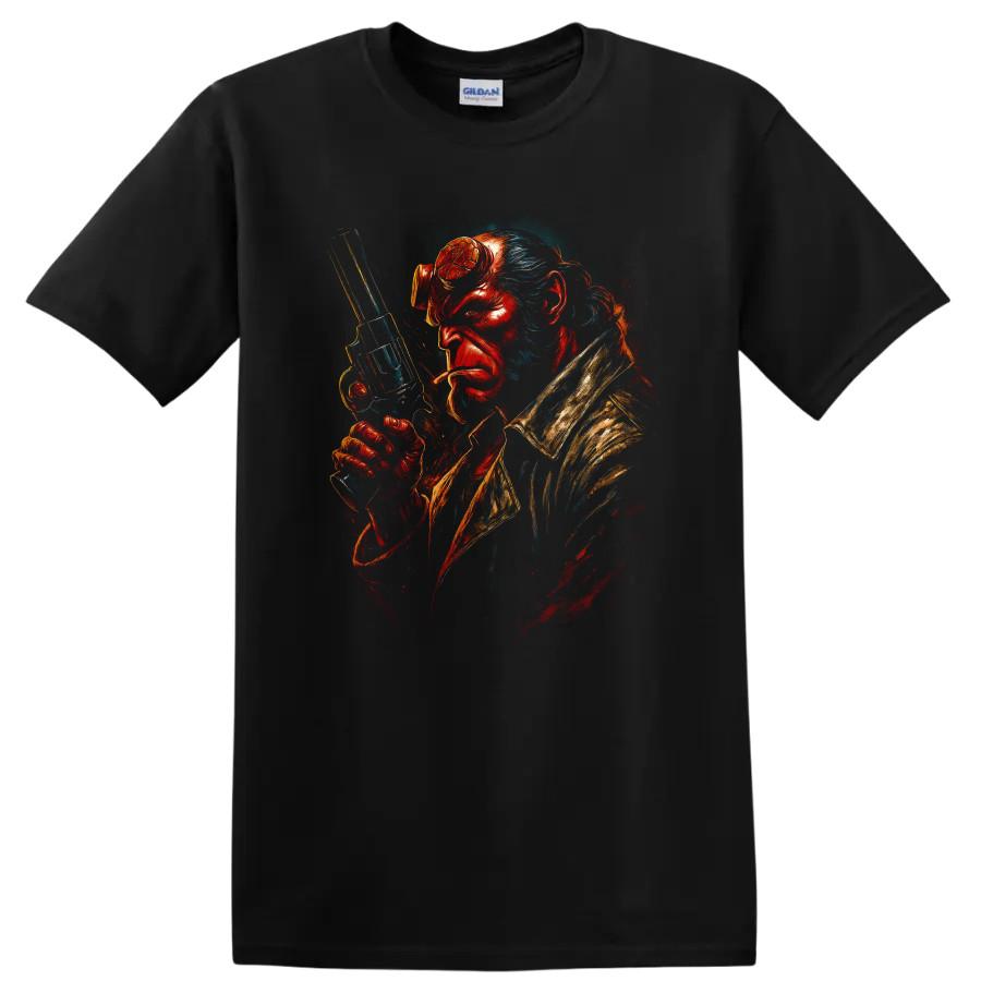 Hellboy Movie Character T Shirt Red Horned Demon Gun Action Tee