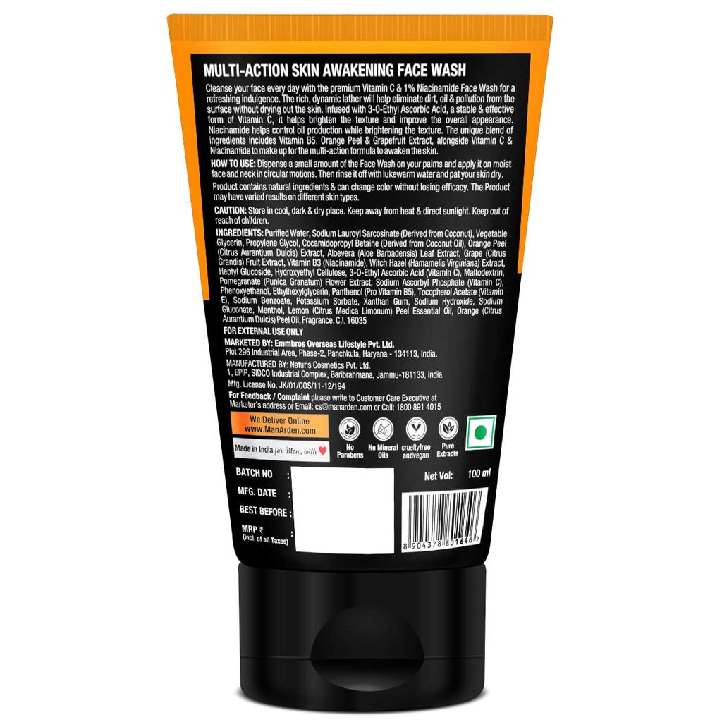 Man Arden Vitamin C Daily Multi-Action Skin Awakening & Brightening Face Wash Vitamin C + Niacinamide, 100 Ml