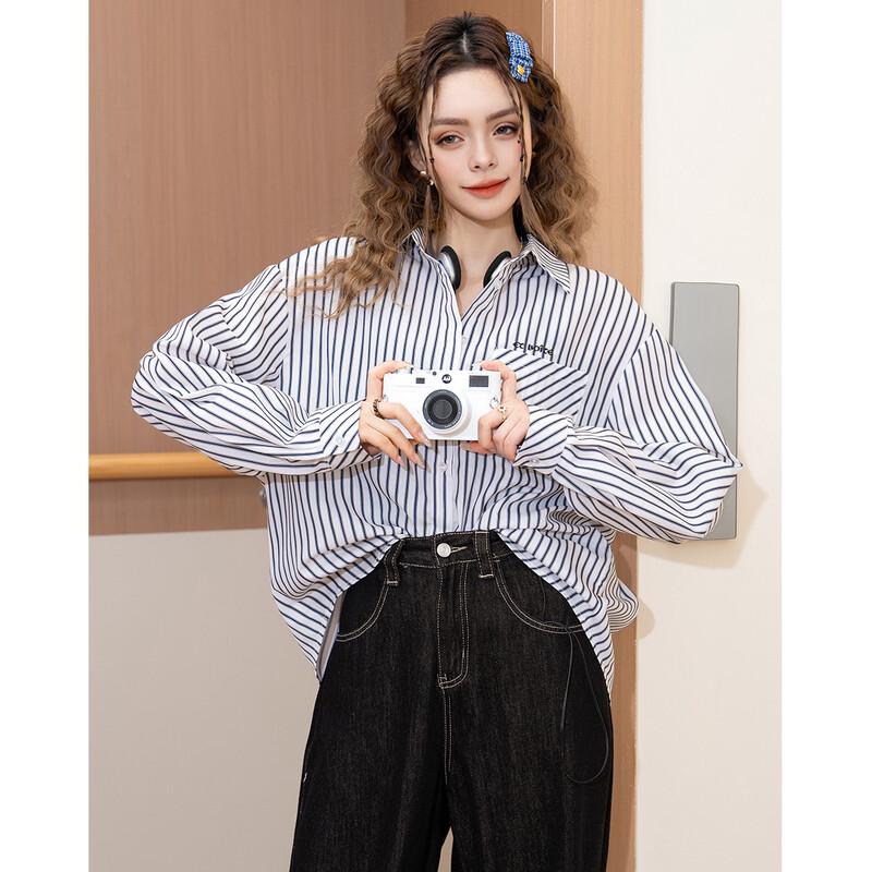 ET BOITE Women's Striped Oversized Embroidered Button-Down Shirt