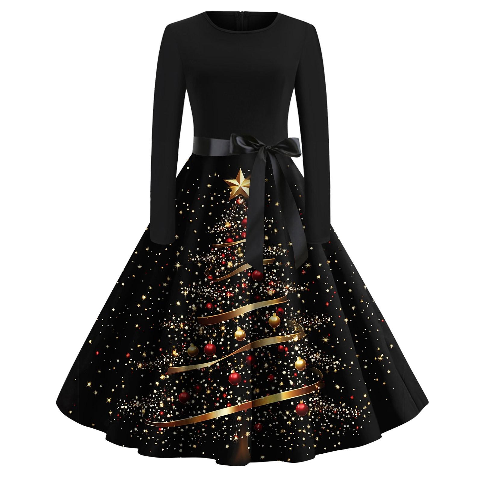 

Женское модное винтажное платье с длинным рукавом и круглым вырезом с рождественским принтом L золотой