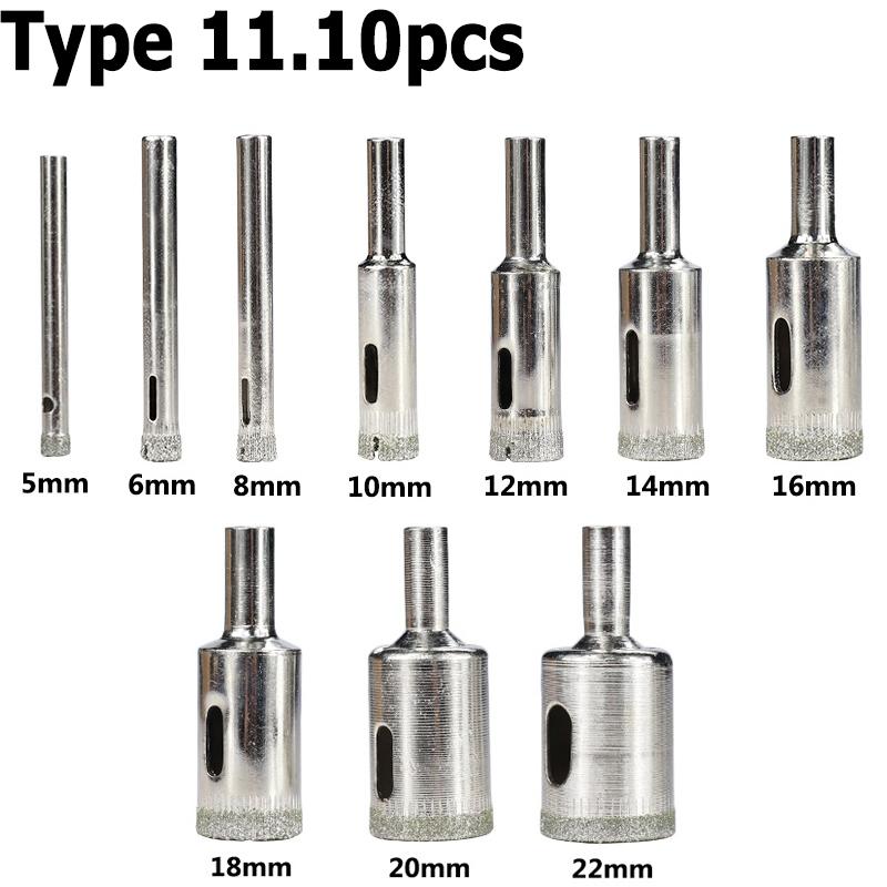 

1 комплект сверл с алмазным покрытием, набор сверл для плитки, мрамора, стекла, керамики, кольцевые пилы, сверла для электроинструментов 3 мм-70 мм Type 11.10pcs
