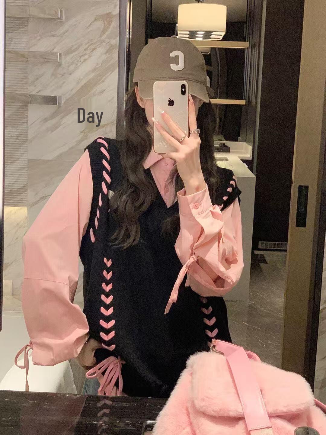 

2025 Autumn Handmade Knit Vest & Layered Lace-Up Shirt Women s Two-Piece Set Default Option