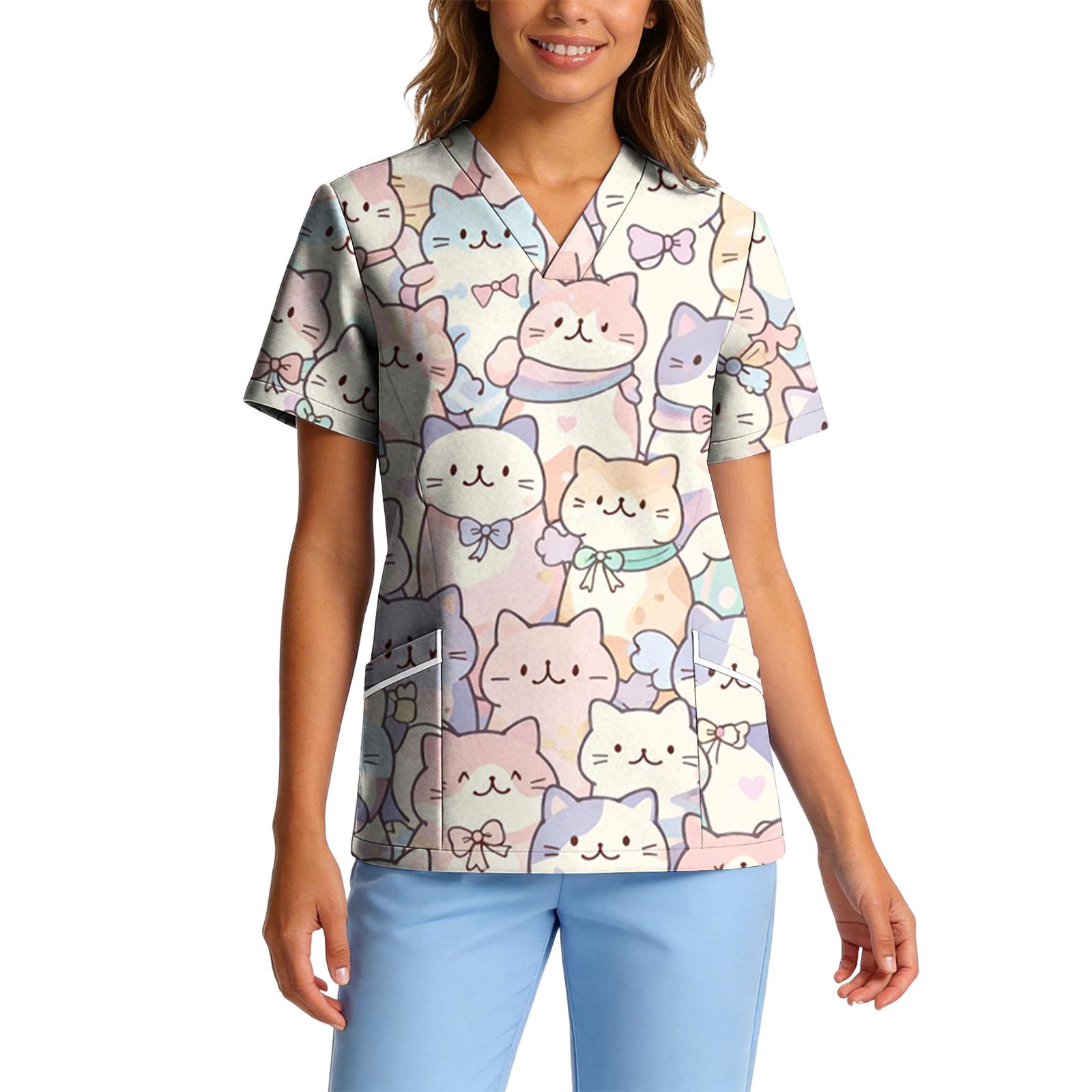 

Women Stretch Quick Dry V Neck Short Sleeve Animal Print Scrub Top with Pockets for Healthcare Work Uniforms L