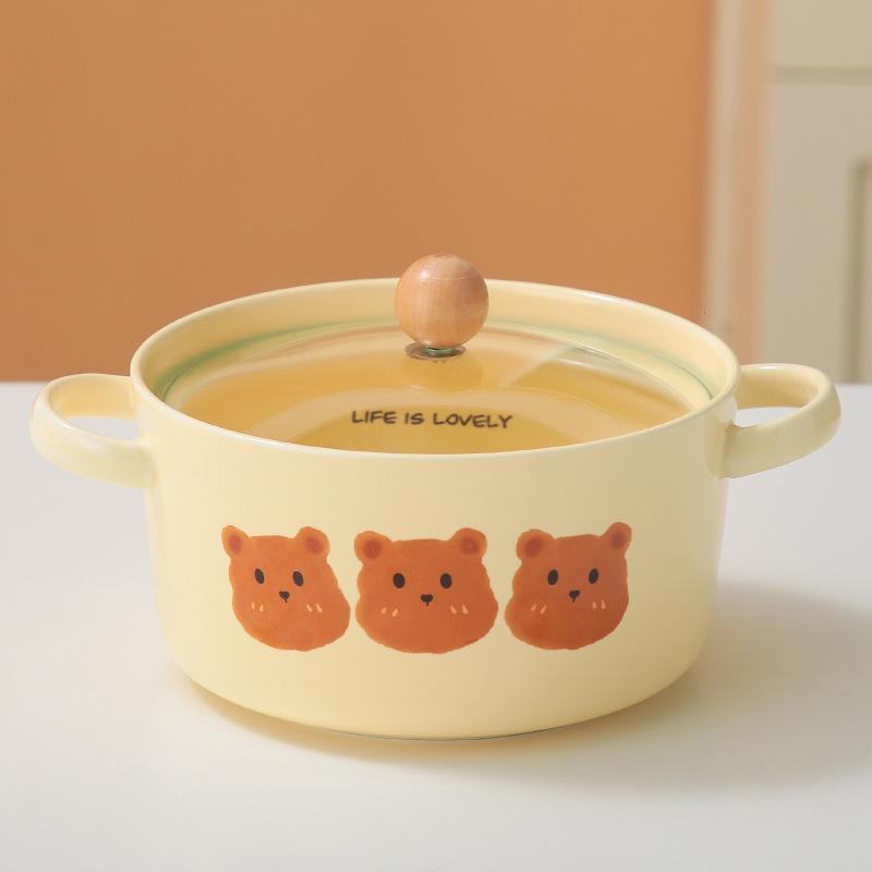 Wind Cute Bear With Cover Instant Noodle Bowl Student Dormitory Soup Bowl Household Binaural Ceramic Noodle Bowl Cute Fun