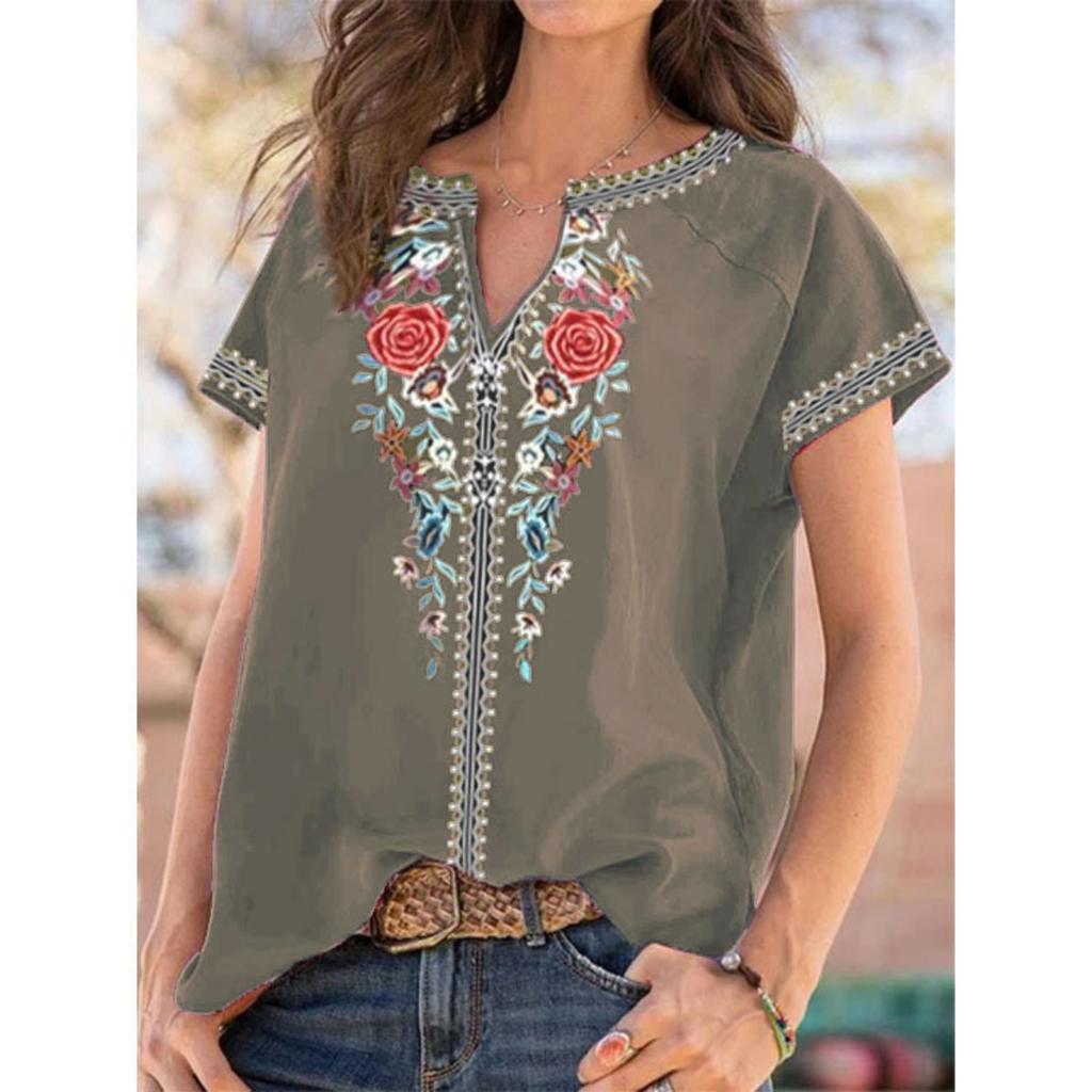 Summer New Ethnic Print Short Sleeve T-Shirt Top for Women, Hot Selling Popular Female Clothing