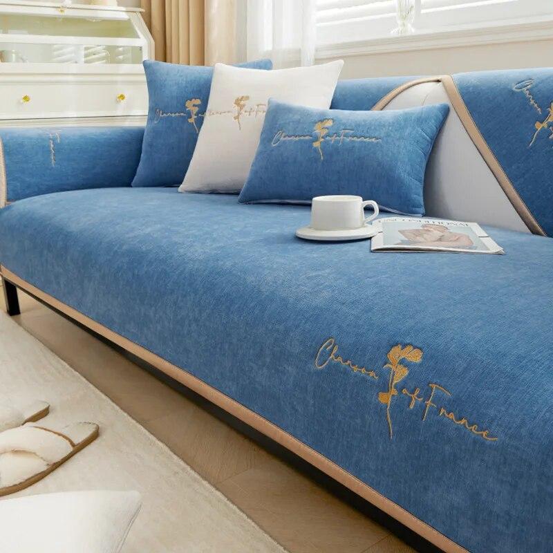 Haftowana narzuta na sofę Chenille cztery pory roku ogólne światło luksusowe zagęszczone pokrowce na sofy do salonu antypoślizgowa pluszowa poduszka