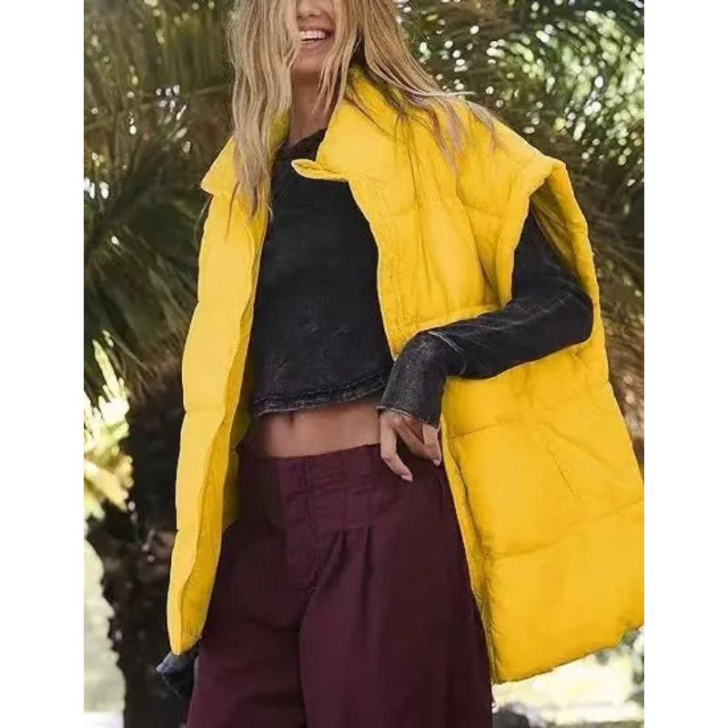 Solid Color Zipper Sleeveless Winter Warm Vest Jacket Womens Pocket New Stand Collar Temperament Vest Doudoune Sans Manche Femme