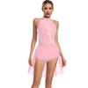 Damen Glitzernder Tanz-Leotard Ärmellos Rücken Ausgeschnitten Unregelmäßiger Rock Strass Applikation Lateinkostüm