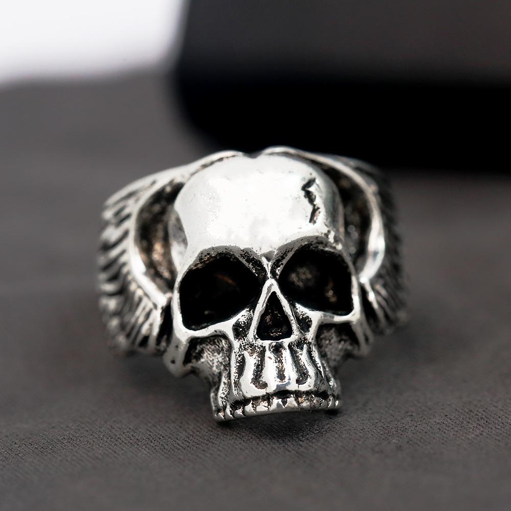 Retro Wings Skull Ring For Men Silver Color Punk Gothic Rock Hiphop Open Ring Handmade Designer Biker Accessories Gift