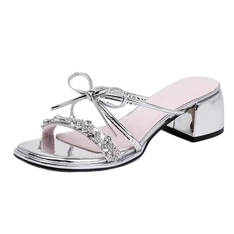 Silver Sandals 2025 New Fairy Summer Bow French Cool Slippers Thick High Heels 5cm