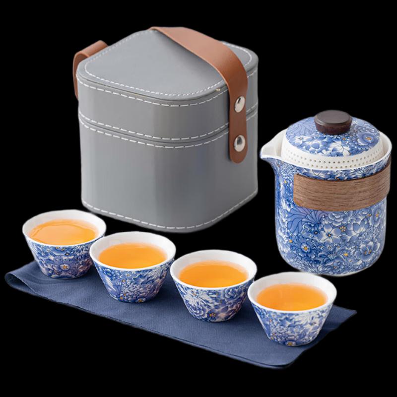 Shangqi Mutton Fat Jade Ink Landscape Portable Travel Tea Set