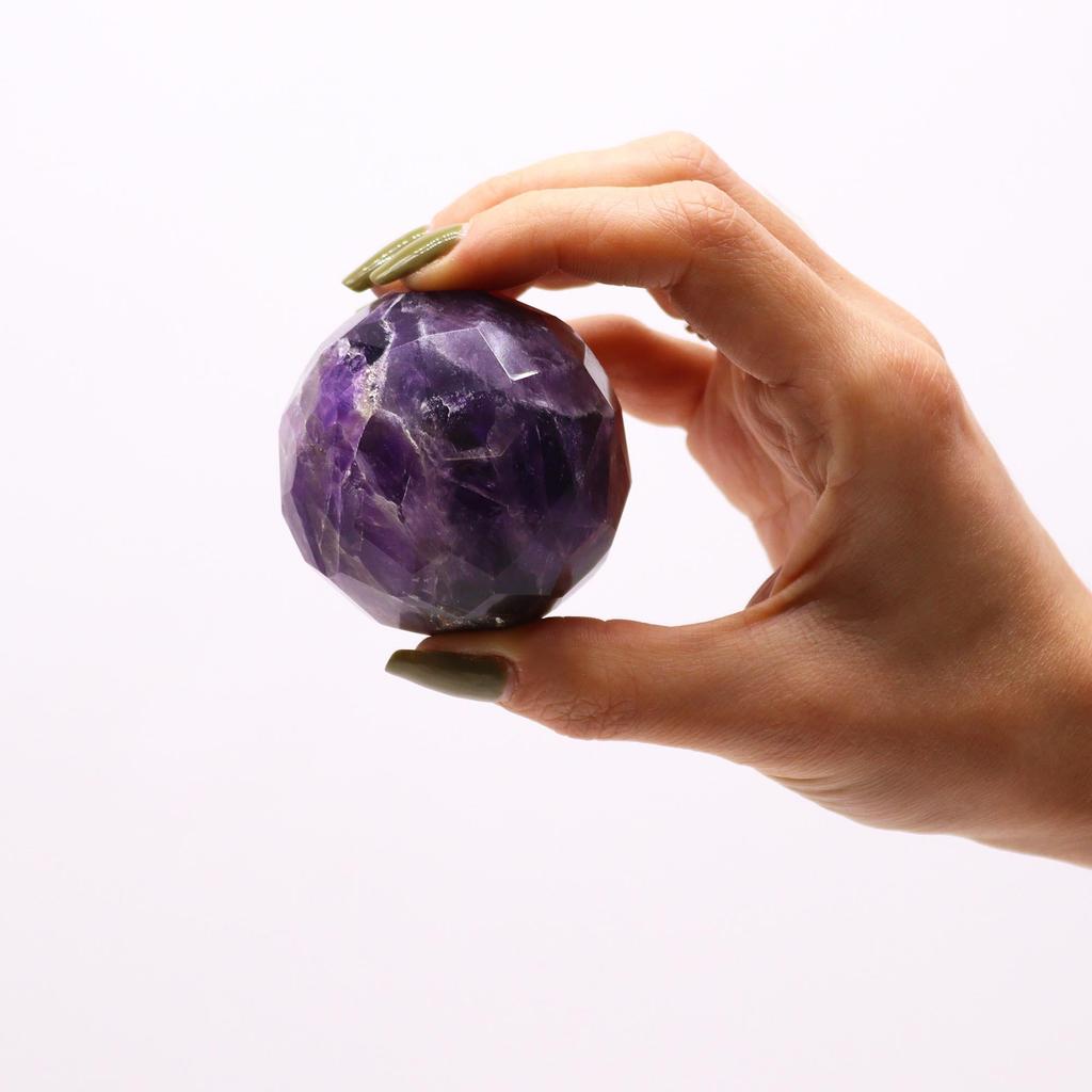 Amethyst Crystal Faceted Sphere with Wooden Stand