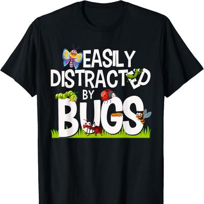 Funny Bug Insects Easily Distracted By Bugs Science TShirt Unisex Street Fashion Trending Letters Printed Tshirt Tops Adult