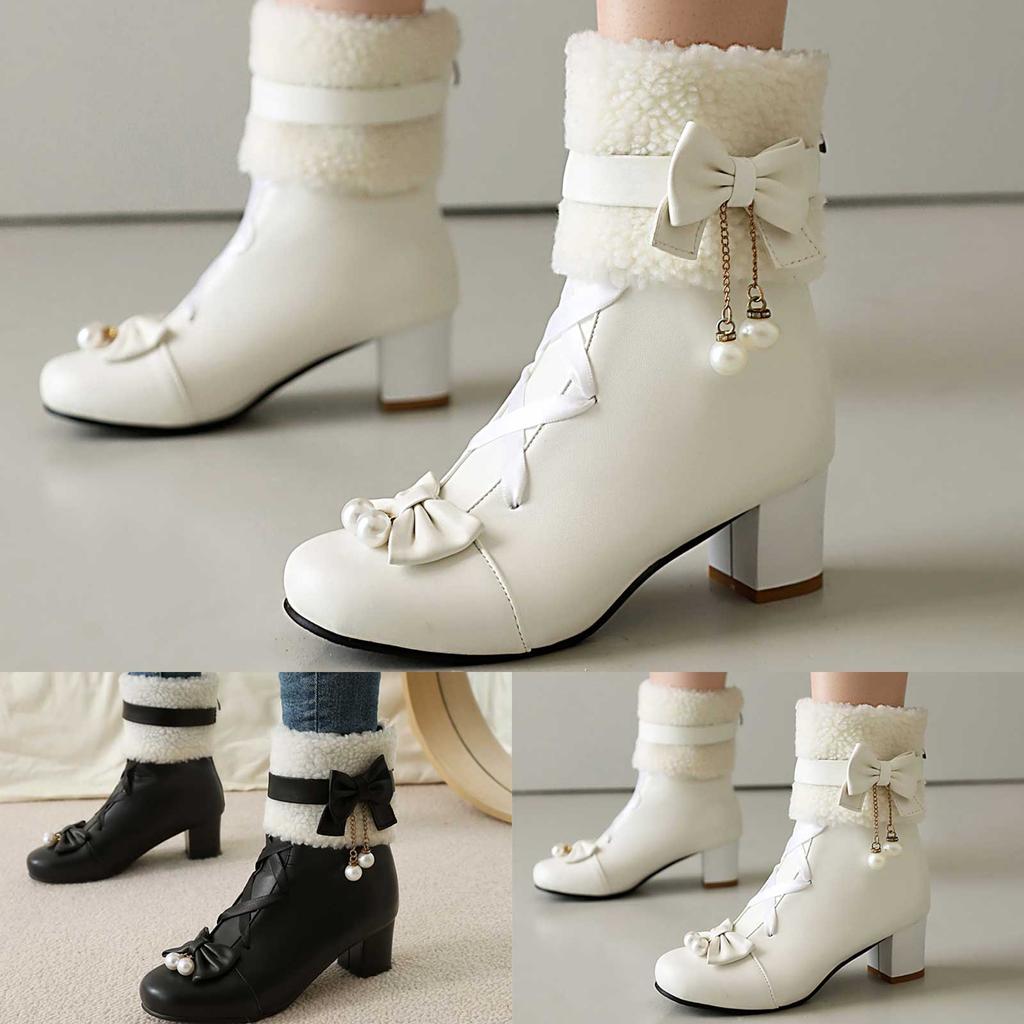 Mode Belles Bottines Femmes Talon Épais Lacets Bottines Cosplay Talon Bloc Douces Bottines Cheville Jolies Bottines Dentelle Avec Nœud