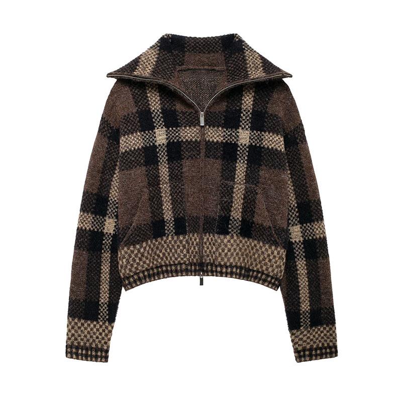 Giacca a Quadri Cappotto Donna Elegante Cerniera Maglione Lavorato a Maglia Revers Tasca Casual Ispessito Top Capospalla Quotidiano Autunno Inverno