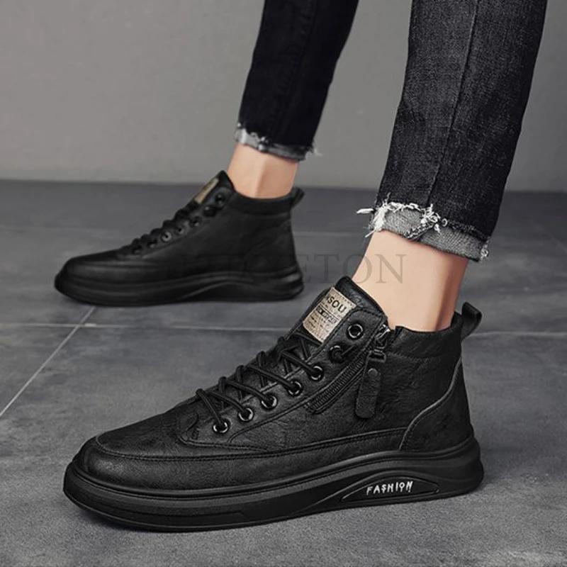 Fashion Men leather casual shoes 2024 new fashionable and comfortable soft leather men high top casual side zipper mid top sports shoes