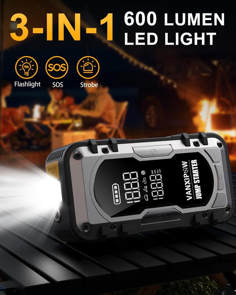 Portable 12V Car Jump Starter with Air Compressor, 4500A, 150PSI, 600Lm LED Light, Large Display, Power Bank