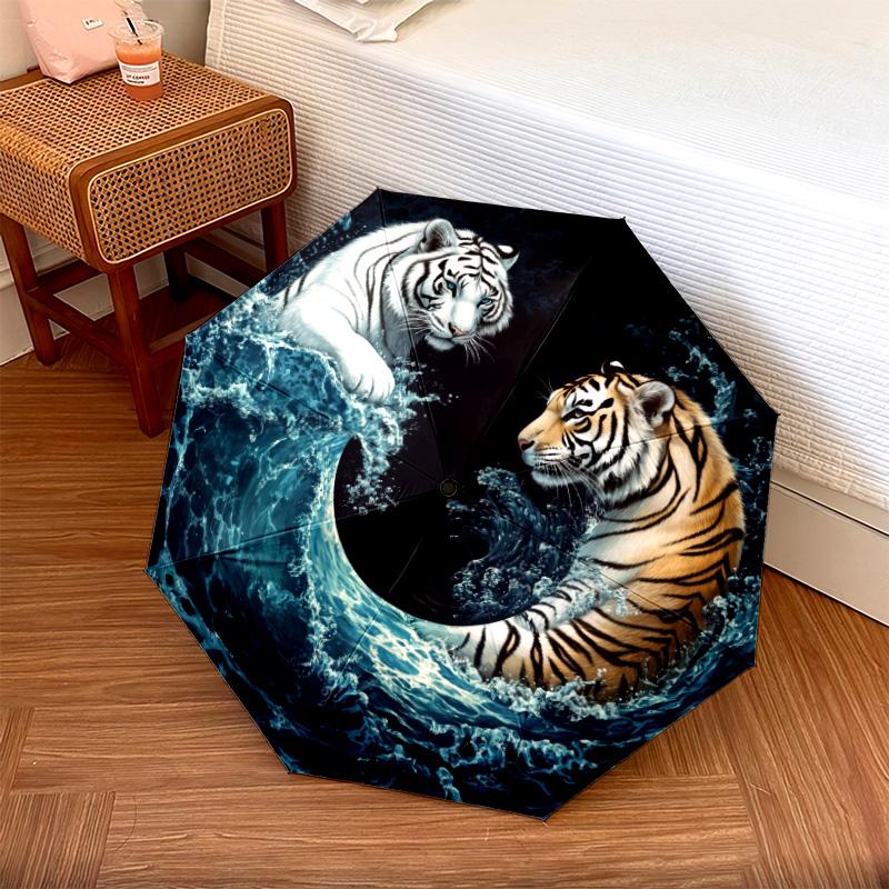 Ferocious Tiger Pattern, Automatic Folding Umbrella, Portable and Foldable Design, 8 Ribs, a Christmas or Birthday Gift.